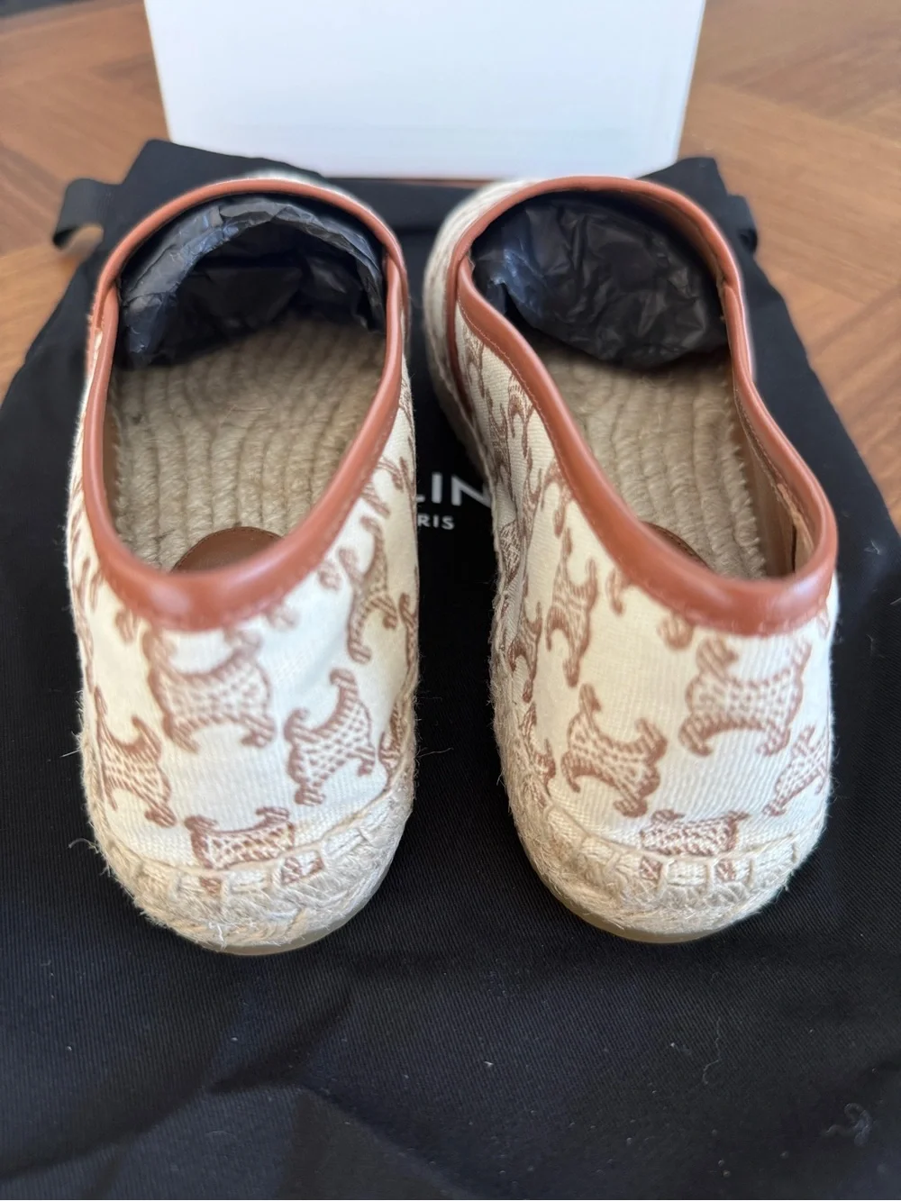 CELINE Cream & Brown Logo Espadrille Slip-Ons, 38